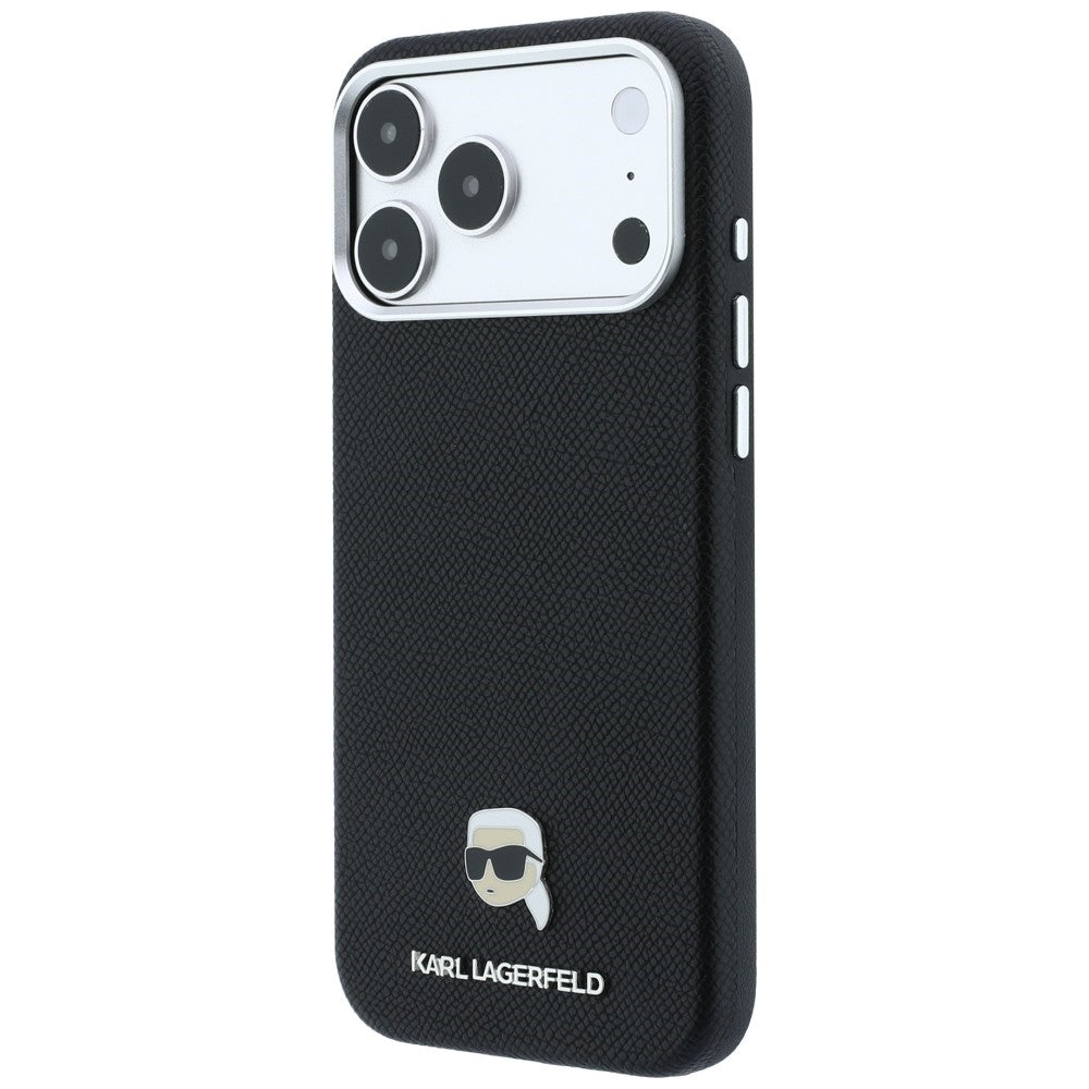 Dėklas iPhone 18 Pro Max / 17 Pro Max - Karl Lagerfeld Grained Karl Head Metal MagSafe, juodas -- iPhone 18 Pro Max /...
