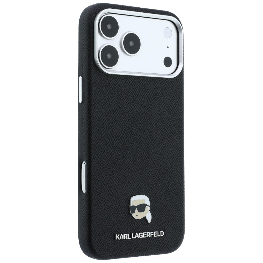 Dėklas iPhone 18 Pro Max / 17 Pro Max - Karl Lagerfeld Grained Karl Head Metal MagSafe, juodas -- iPhone 18 Pro Max /...