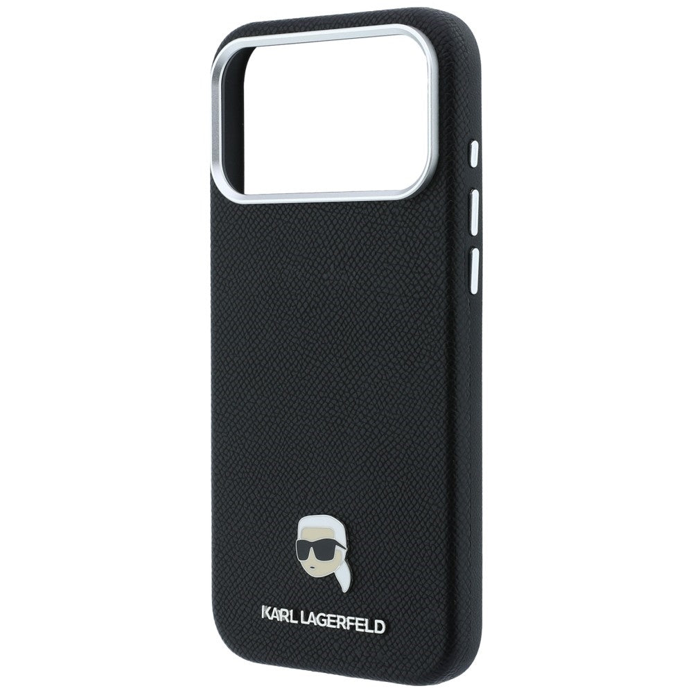 Dėklas iPhone 18 Pro Max / 17 Pro Max - Karl Lagerfeld Grained Karl Head Metal MagSafe, juodas -- iPhone 18 Pro Max /...