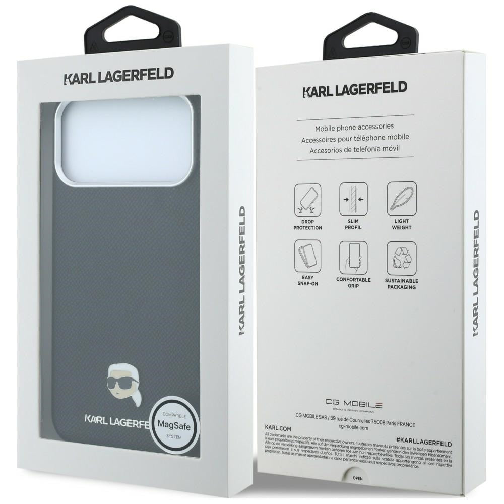 Dėklas iPhone 18 Pro Max / 17 Pro Max - Karl Lagerfeld Grained Karl Head Metal MagSafe, juodas -- iPhone 18 Pro Max /...