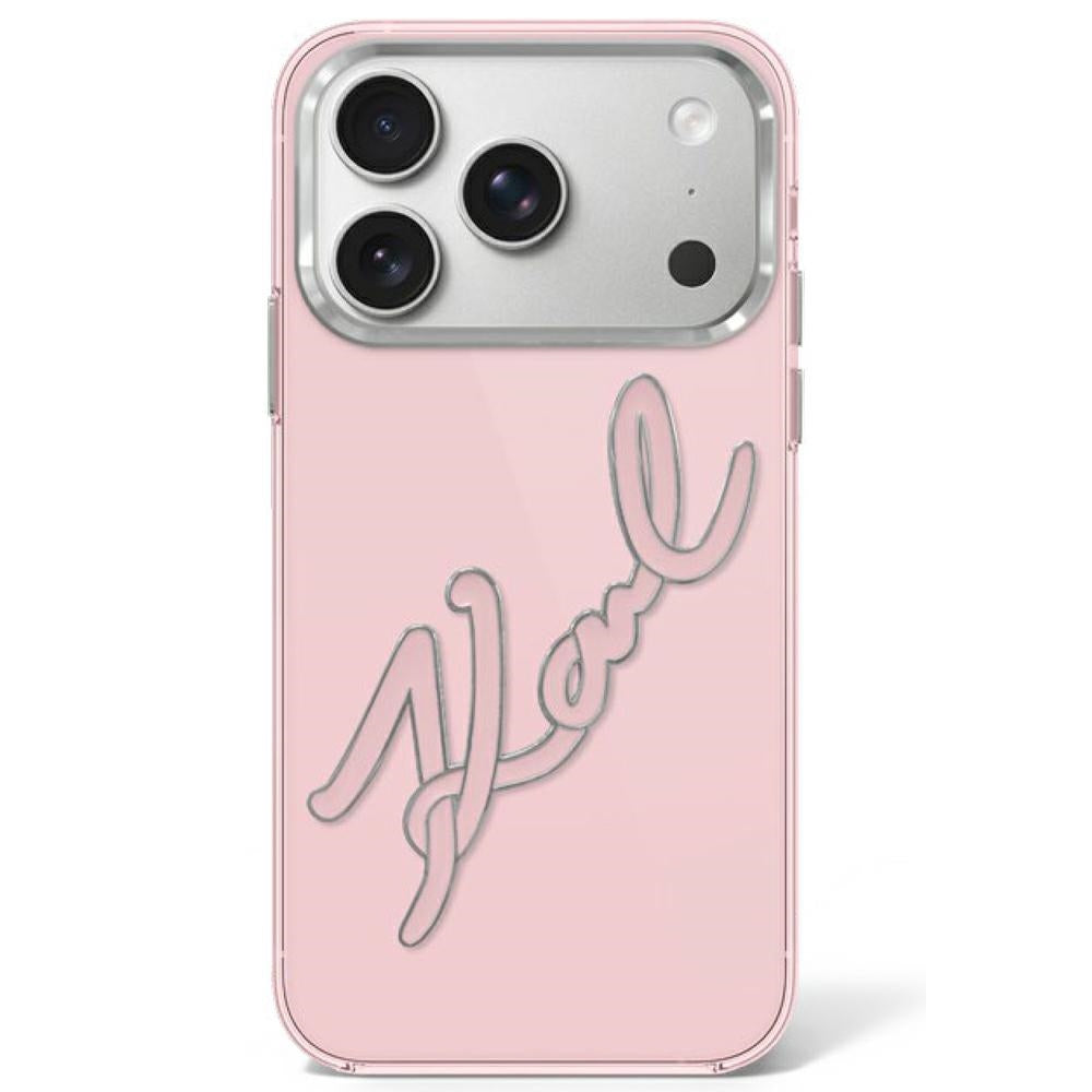 Karl Lagerfeld IML didelės signatūros dermatinio metalo rėmelio dėklas iPhone 17 Pro / 18 Pro - Rožinė -- iPhone 17 Pro /...