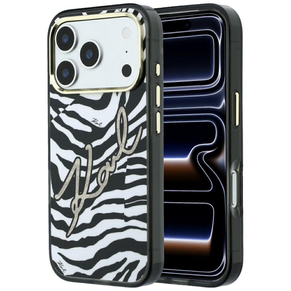 Karl Lagerfeld IML Signature Zebra Glitter MagSafe dėklas iPhone 17 Pro / 18 Pro - auksinė -- iPhone 17 Pro / iPhone 18 Pro