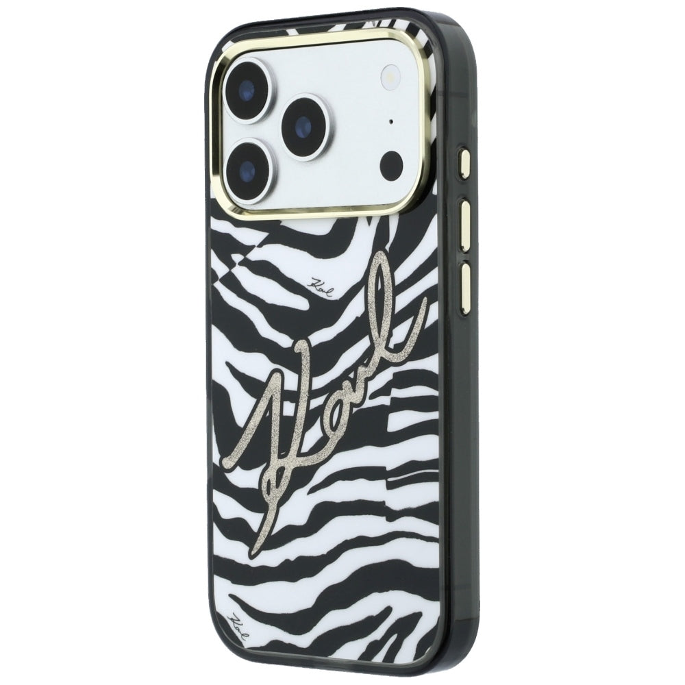 Karl Lagerfeld IML Signature Zebra Glitter MagSafe dėklas iPhone 17 Pro / 18 Pro - auksinė -- iPhone 17 Pro / iPhone 18 Pro