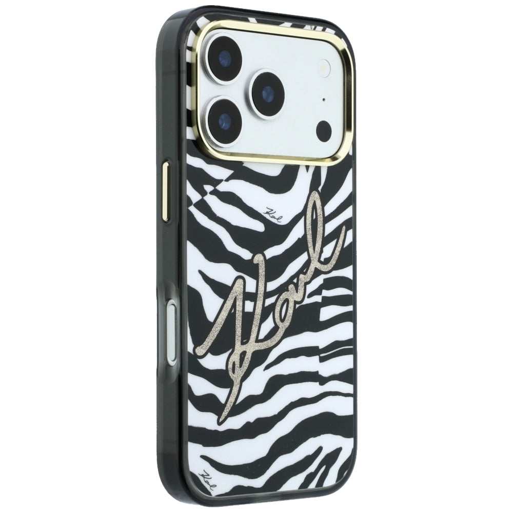 Karl Lagerfeld IML Signature Zebra Glitter MagSafe dėklas iPhone 17 Pro / 18 Pro - auksinė -- iPhone 17 Pro / iPhone 18 Pro
