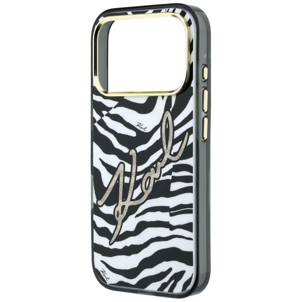 Karl Lagerfeld IML Signature Zebra Glitter MagSafe dėklas iPhone 17 Pro / 18 Pro - auksinė -- iPhone 17 Pro / iPhone 18 Pro