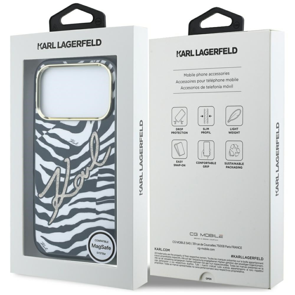 Karl Lagerfeld IML Signature Zebra Glitter MagSafe dėklas iPhone 17 Pro / 18 Pro - auksinė -- iPhone 17 Pro / iPhone 18 Pro