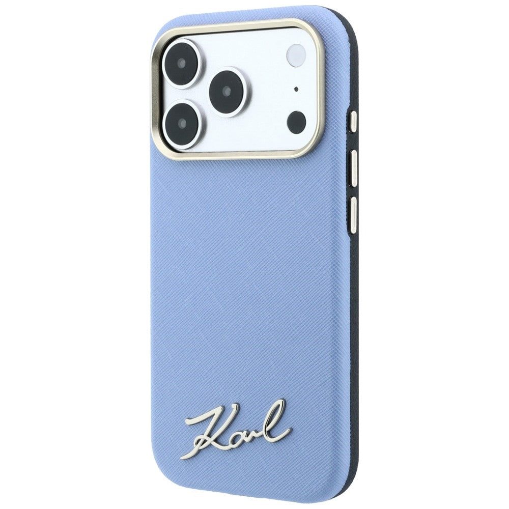 Karl Lagerfeld Saffiano Small Script Metal Logo MagSafe dėklas iPhone 17 Pro / 18 Pro - Šviesiai mėlyna -- iPhone 17 Pro...