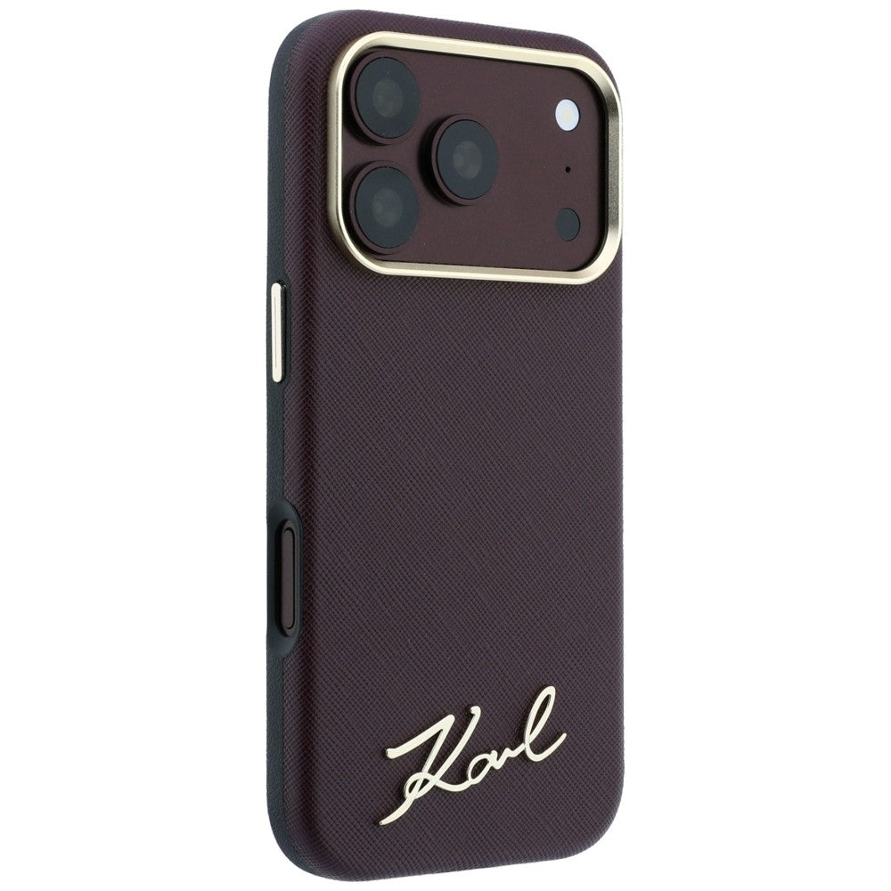Karl Lagerfeld Saffiano Small Script Metal Logo MagSafe dėklas iPhone 17 Pro Max / 18 Pro Max - Burgundy -- iPhone 17 Pro...
