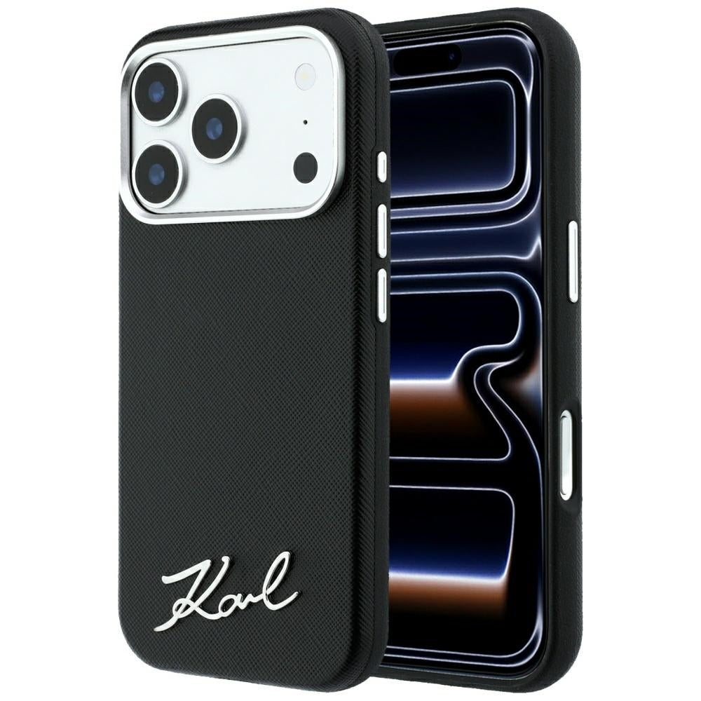 Karl Lagerfeld Saffiano Small Script Metal Logo MagSafe dėklas iPhone 17 Pro Max / 18 Pro Max - Black -- iPhone 17 Pro...
