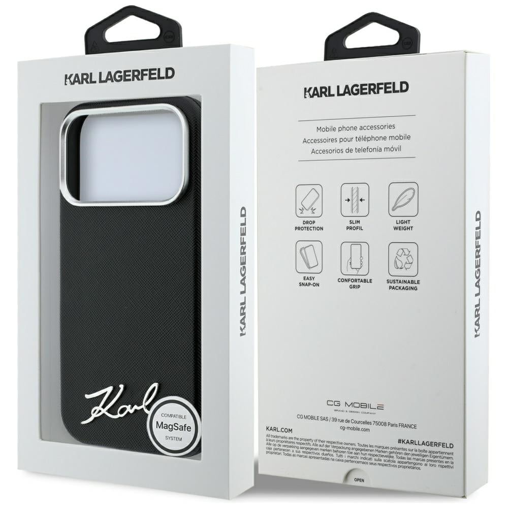 Karl Lagerfeld Saffiano Small Script Metal Logo MagSafe dėklas iPhone 17 Pro Max / 18 Pro Max - Black -- iPhone 17 Pro...