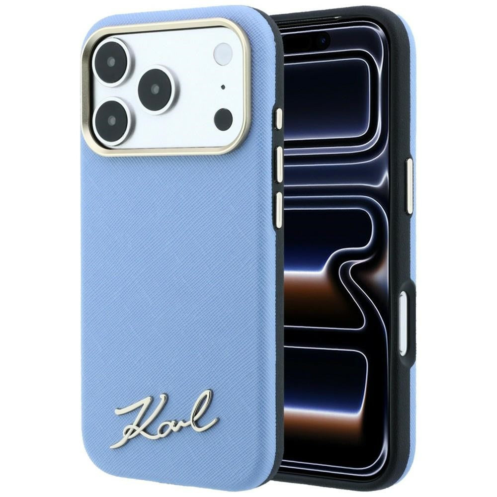 Karl Lagerfeld Saffiano Small Script Metal Logo MagSafe dėklas iPhone 17 Pro Max / 18 Pro Max - Light Blue -- iPhone 17...