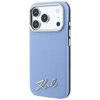 Karl Lagerfeld Saffiano Small Script Metal Logo MagSafe dėklas iPhone 17 Pro Max / 18 Pro Max - Light Blue -- iPhone 17...