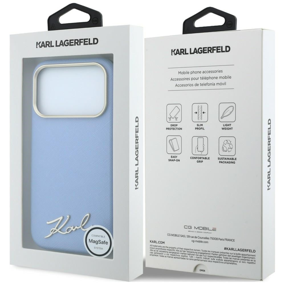 Karl Lagerfeld Saffiano Small Script Metal Logo MagSafe dėklas iPhone 17 Pro Max / 18 Pro Max - Light Blue -- iPhone 17...