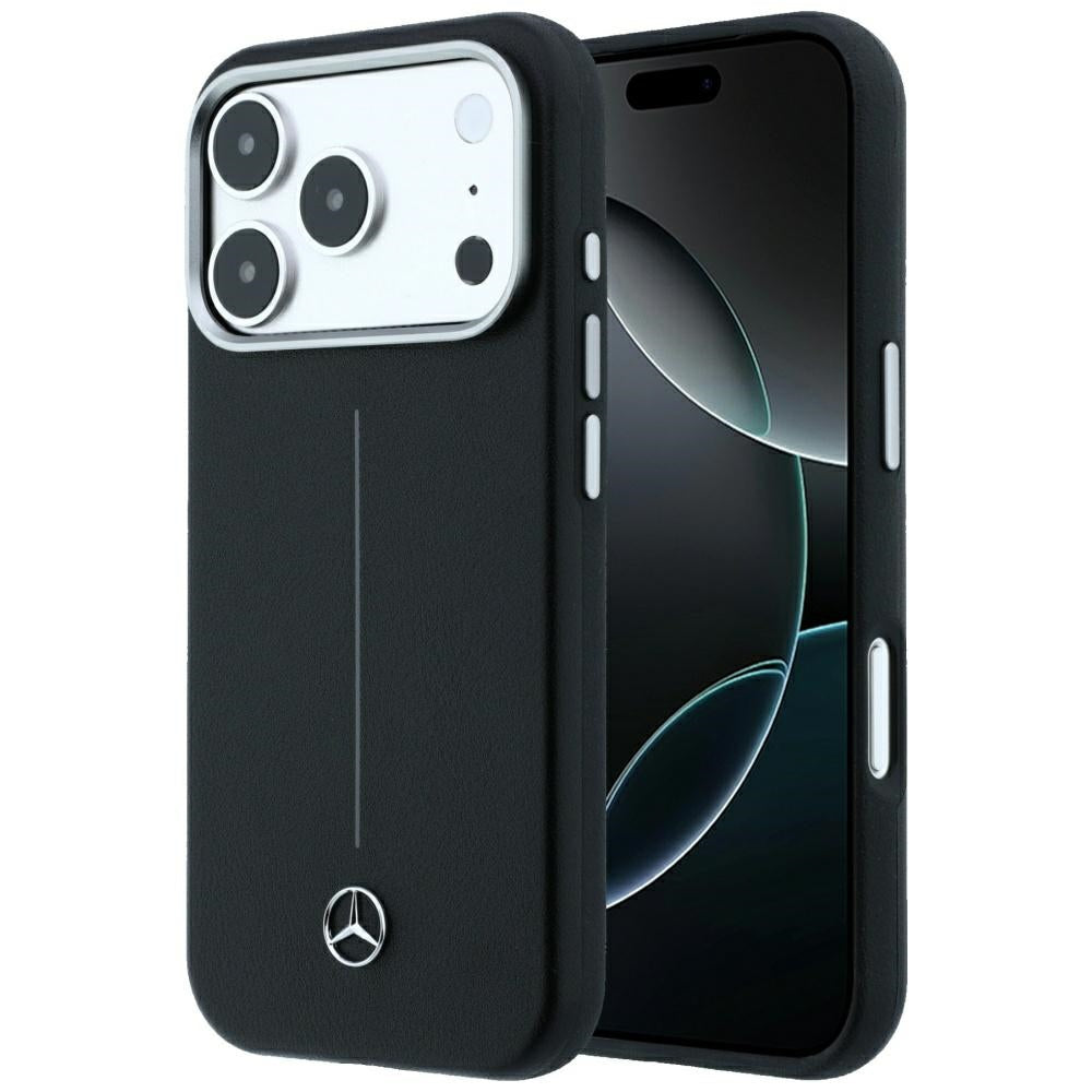 Mercedes Leather Semi Wrap Iconic Line MagSafe dėklas iPhone 18 Pro Max / 17 Pro Max - Juodas -- iPhone 18 Pro Max /...