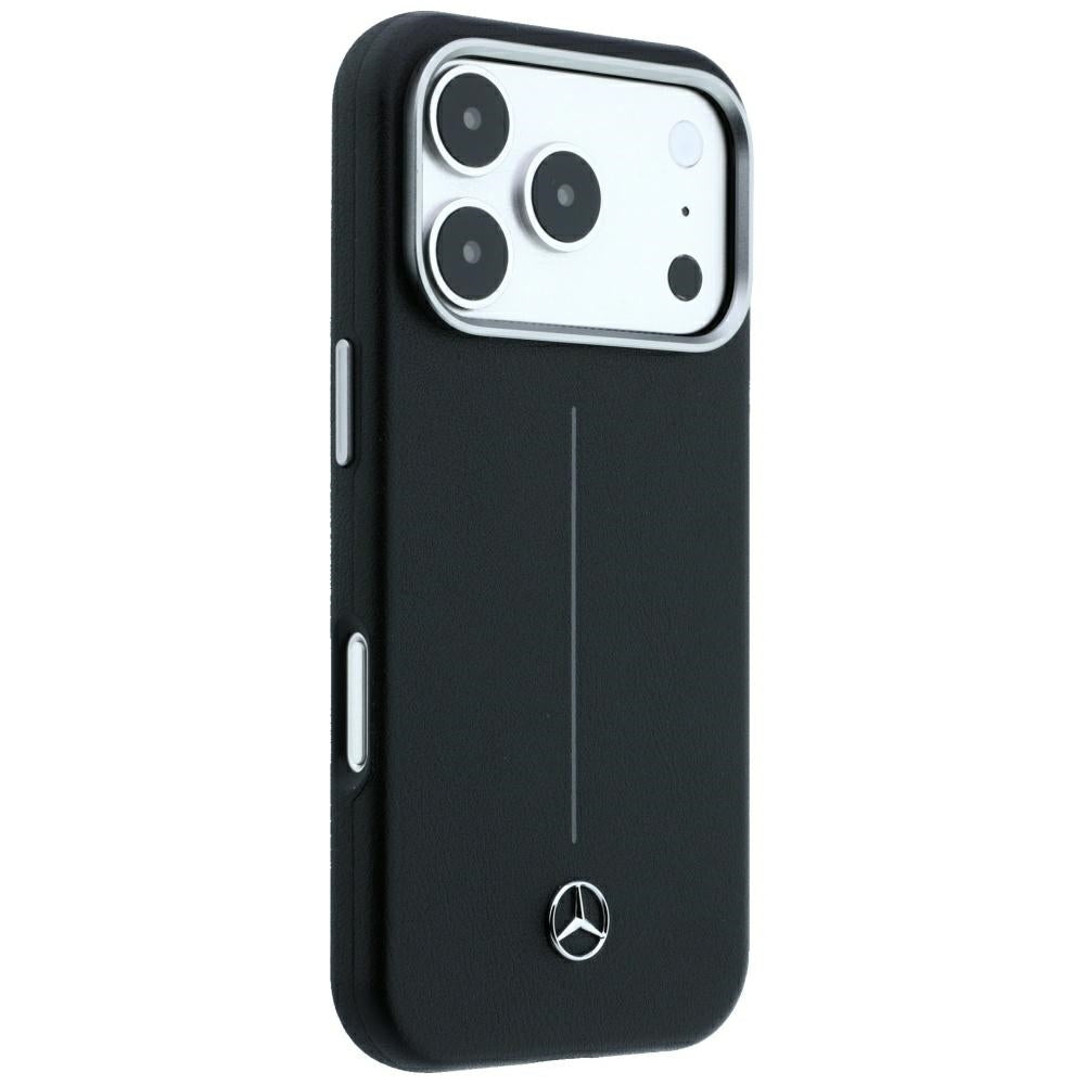 Mercedes Leather Semi Wrap Iconic Line MagSafe dėklas iPhone 18 Pro Max / 17 Pro Max - Juodas -- iPhone 18 Pro Max /...