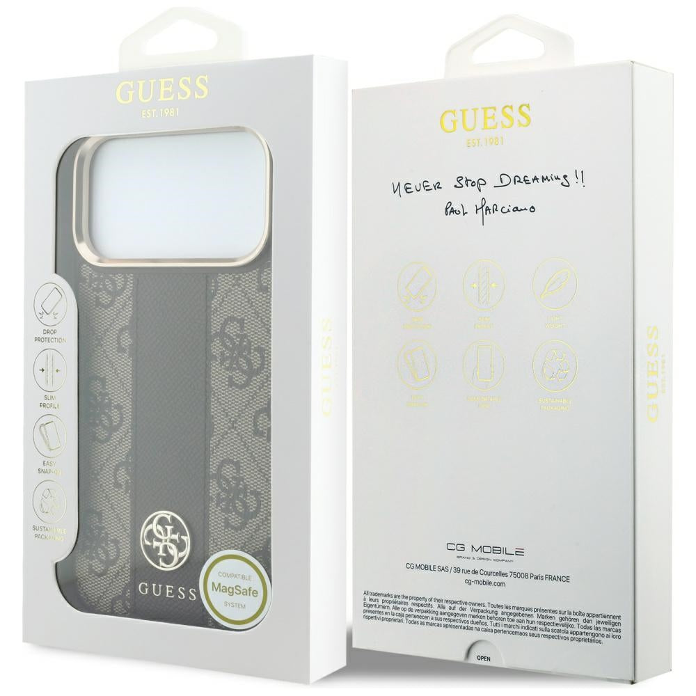 Guess 4G su Stripe Round ir Classic Logos MagSafe dėklas iPhone 17 Pro / 18 Pro - Ruda -- iPhone 17 Pro / iPhone 18 Pro