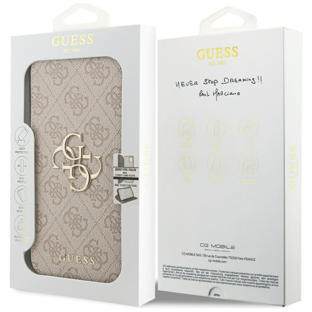 Guess Book 4G Metal Logo dėklas iPhone 18 Pro Max / 17 Pro Max - Rožinė -- iPhone 18 Pro Max / iPhone 17 Pro Max