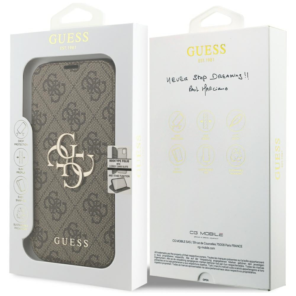 Guess Book 4G Metal Logo dėklas iPhone 18 Pro / 17 Pro - Ruda -- iPhone 18 Pro / iPhone 17 Pro