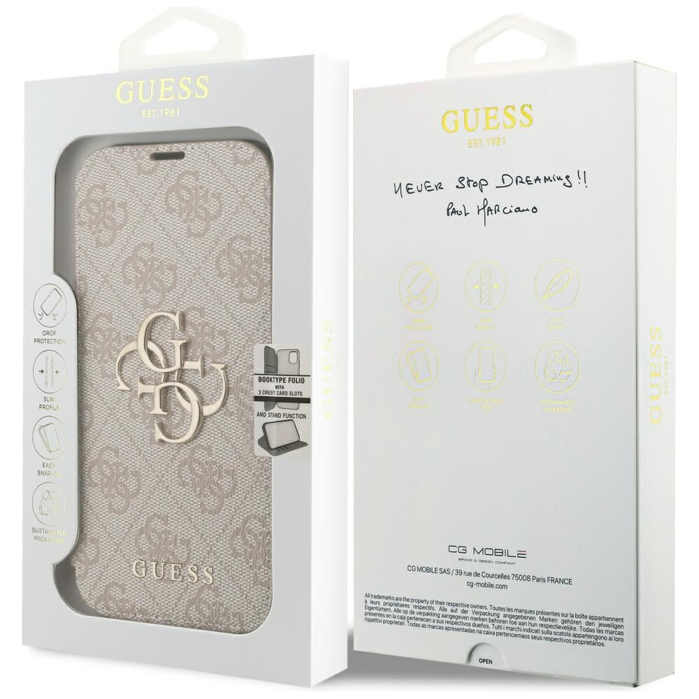 Guess Book 4G Metal Logo dėklas iPhone 18 Pro / 17 Pro - Rožinė -- iPhone 18 Pro / iPhone 17 Pro