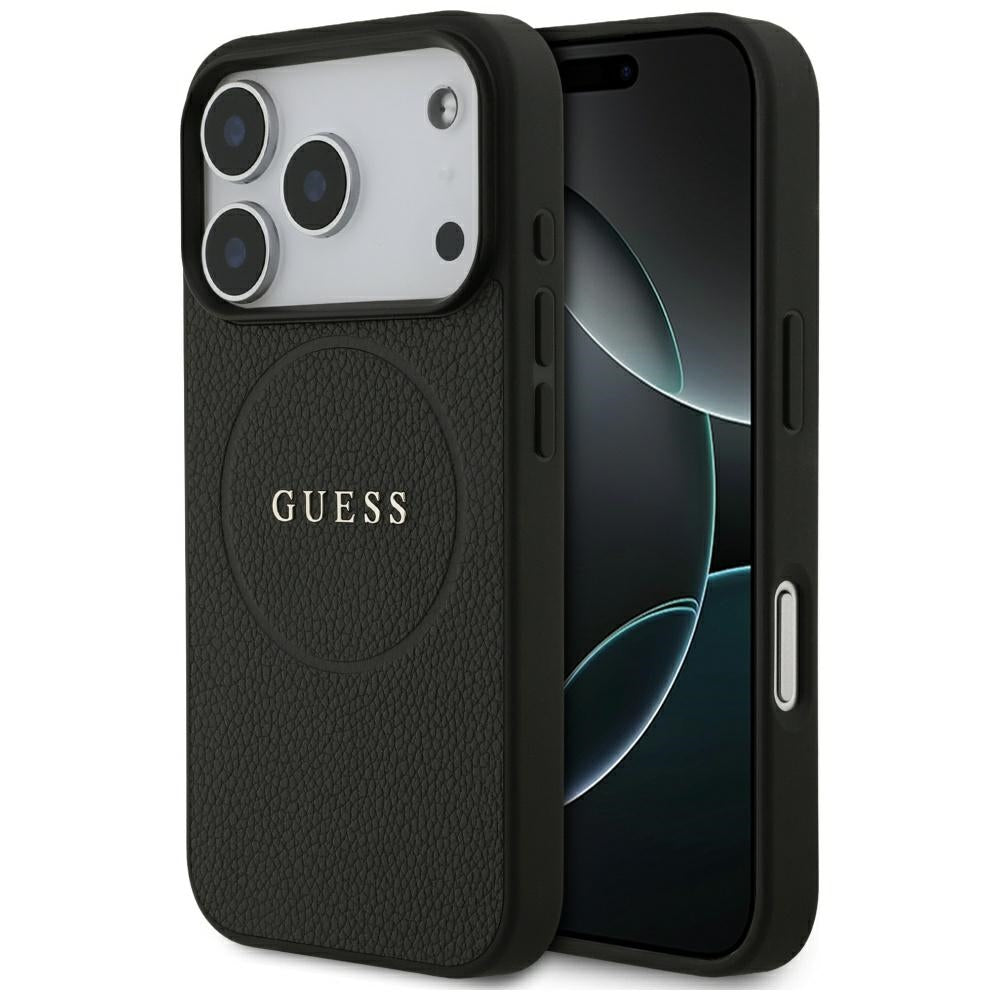Guess Grained Gold Ring MagSafe dėklas iPhone 18 Pro / 17 Pro - juodas -- iPhone 18 Pro / iPhone 17 Pro