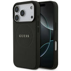Guess Grained Gold Ring MagSafe dėklas iPhone 18 Pro / 17 Pro - juodas -- iPhone 18 Pro / iPhone 17 Pro