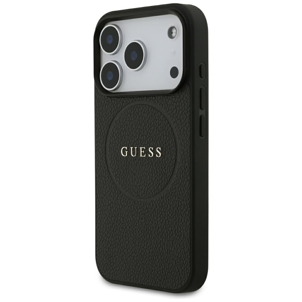 Guess Grained Gold Ring MagSafe dėklas iPhone 18 Pro / 17 Pro - juodas -- iPhone 18 Pro / iPhone 17 Pro
