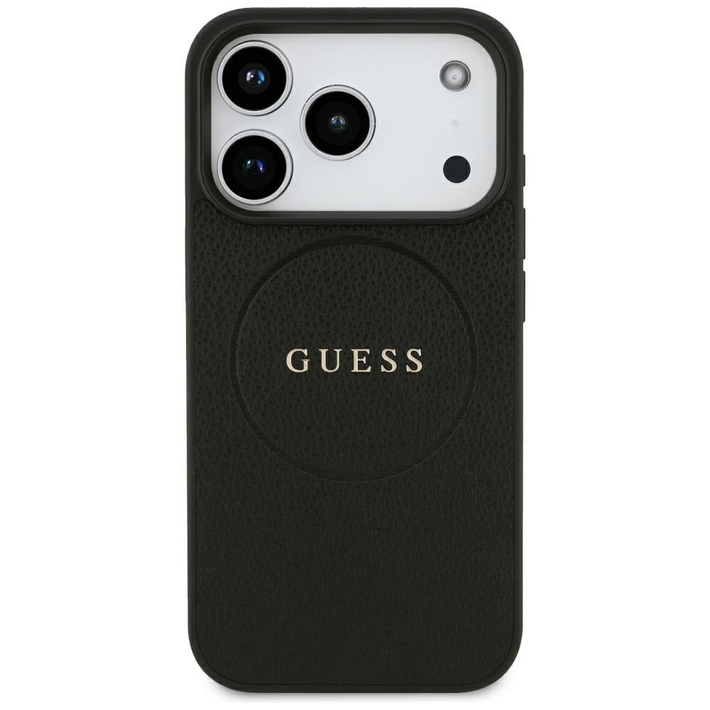 Guess Grained Gold Ring MagSafe dėklas iPhone 18 Pro / 17 Pro - juodas -- iPhone 18 Pro / iPhone 17 Pro