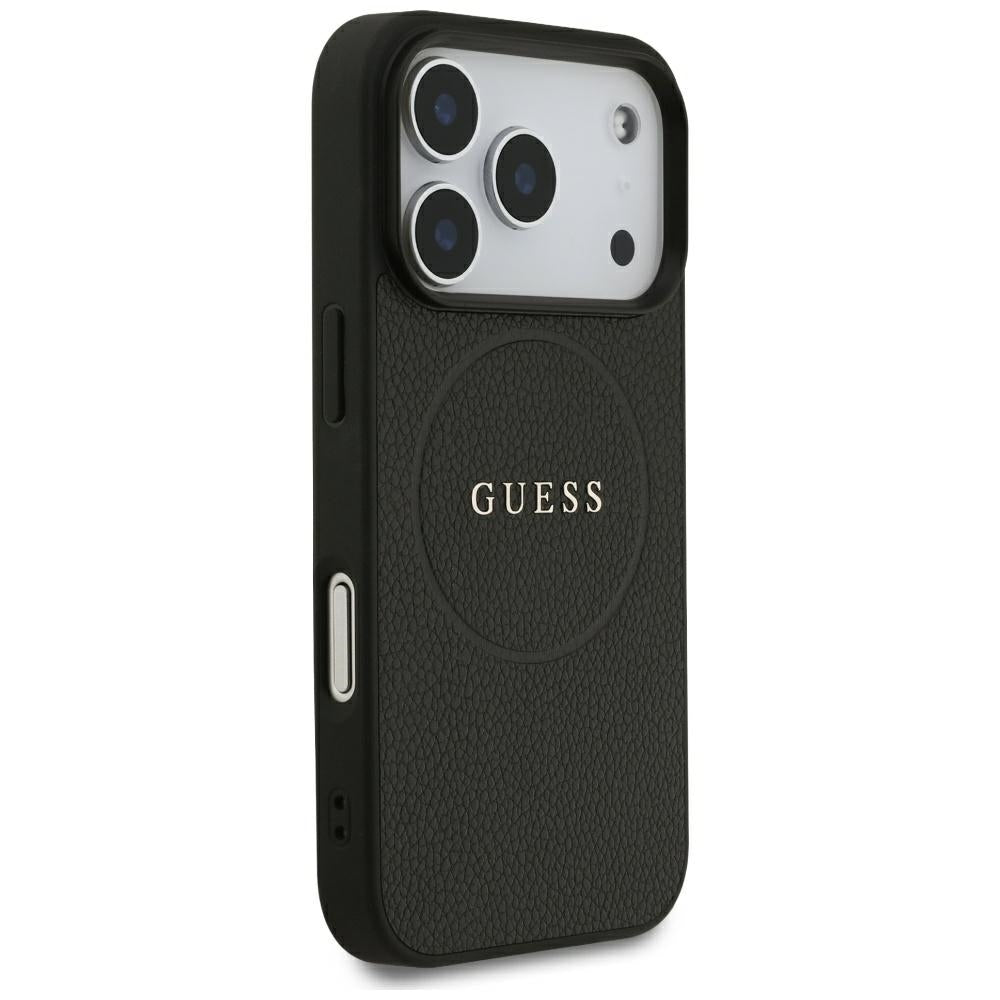 Guess Grained Gold Ring MagSafe dėklas iPhone 18 Pro / 17 Pro - juodas -- iPhone 18 Pro / iPhone 17 Pro