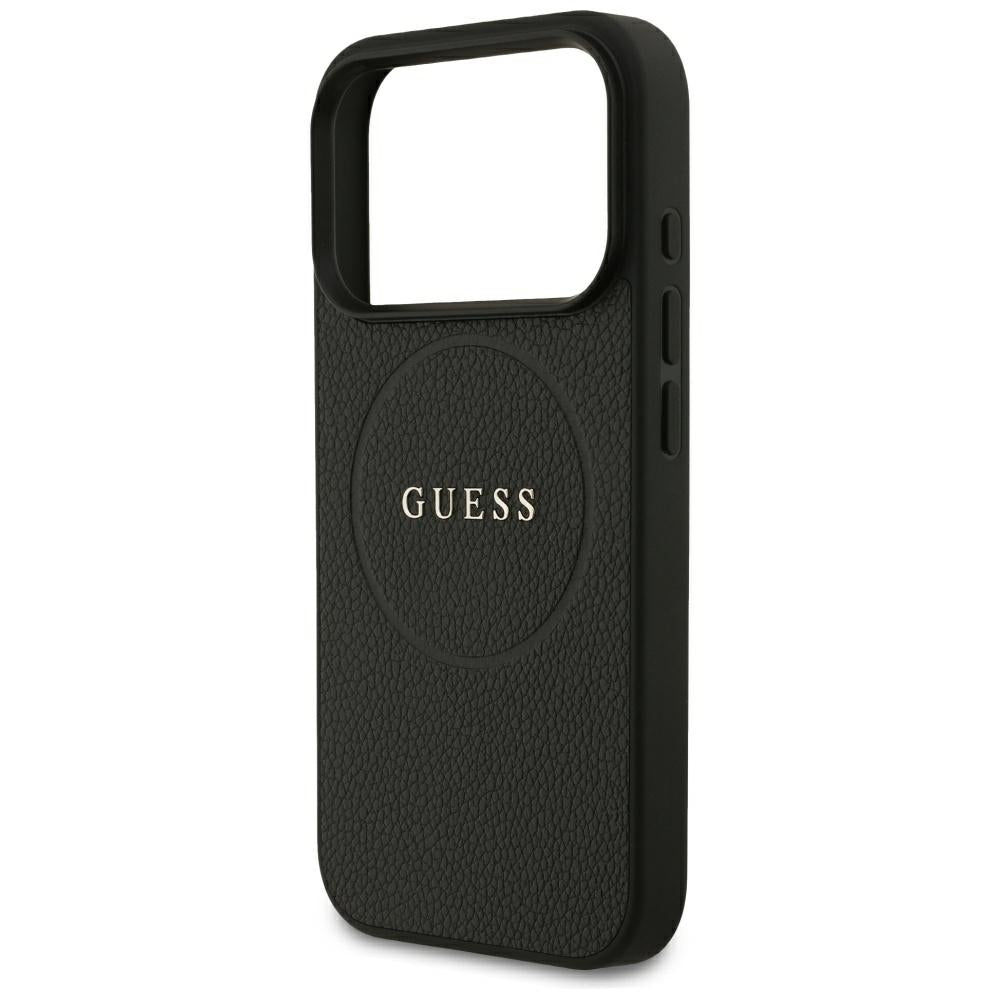 Guess Grained Gold Ring MagSafe dėklas iPhone 18 Pro / 17 Pro - juodas -- iPhone 18 Pro / iPhone 17 Pro