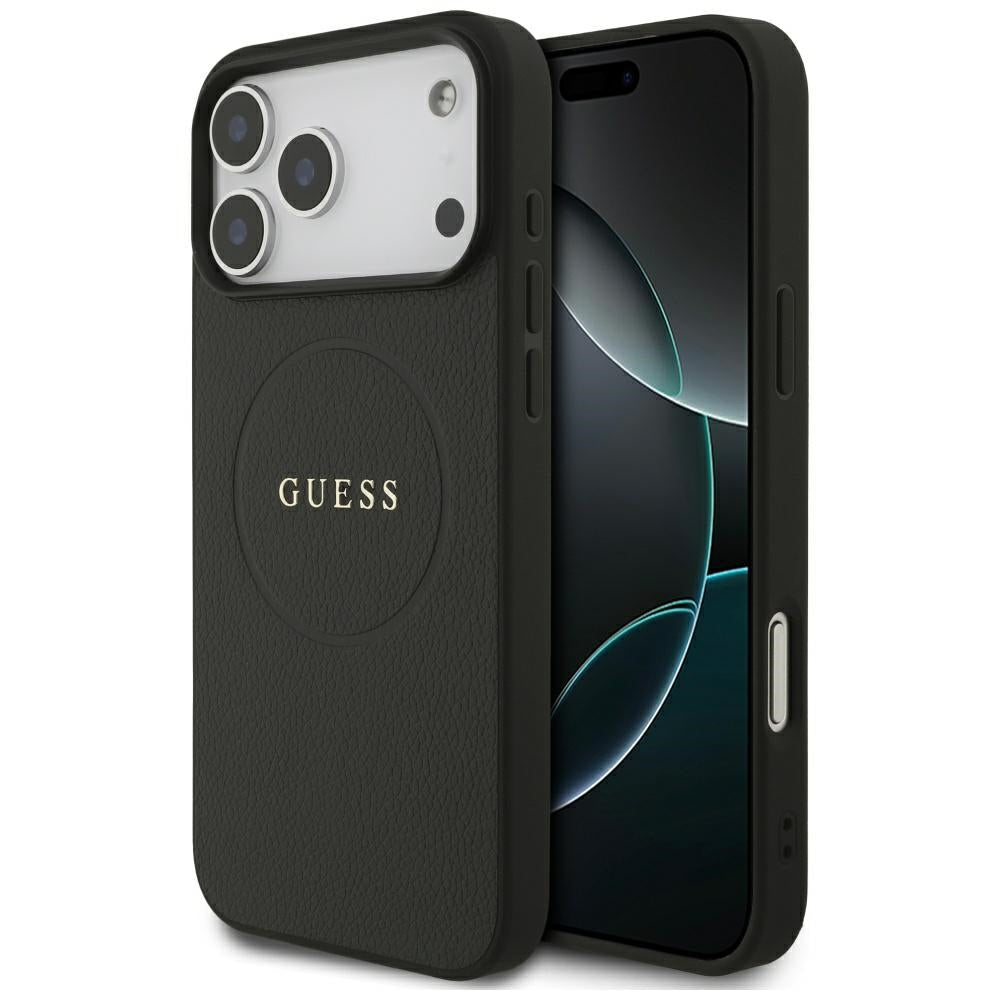 Guess Grained Gold Ring MagSafe dėklas iPhone 18 Pro Max / 17 Pro Max - juodas -- iPhone 18 Pro Max / iPhone 17 Pro Max