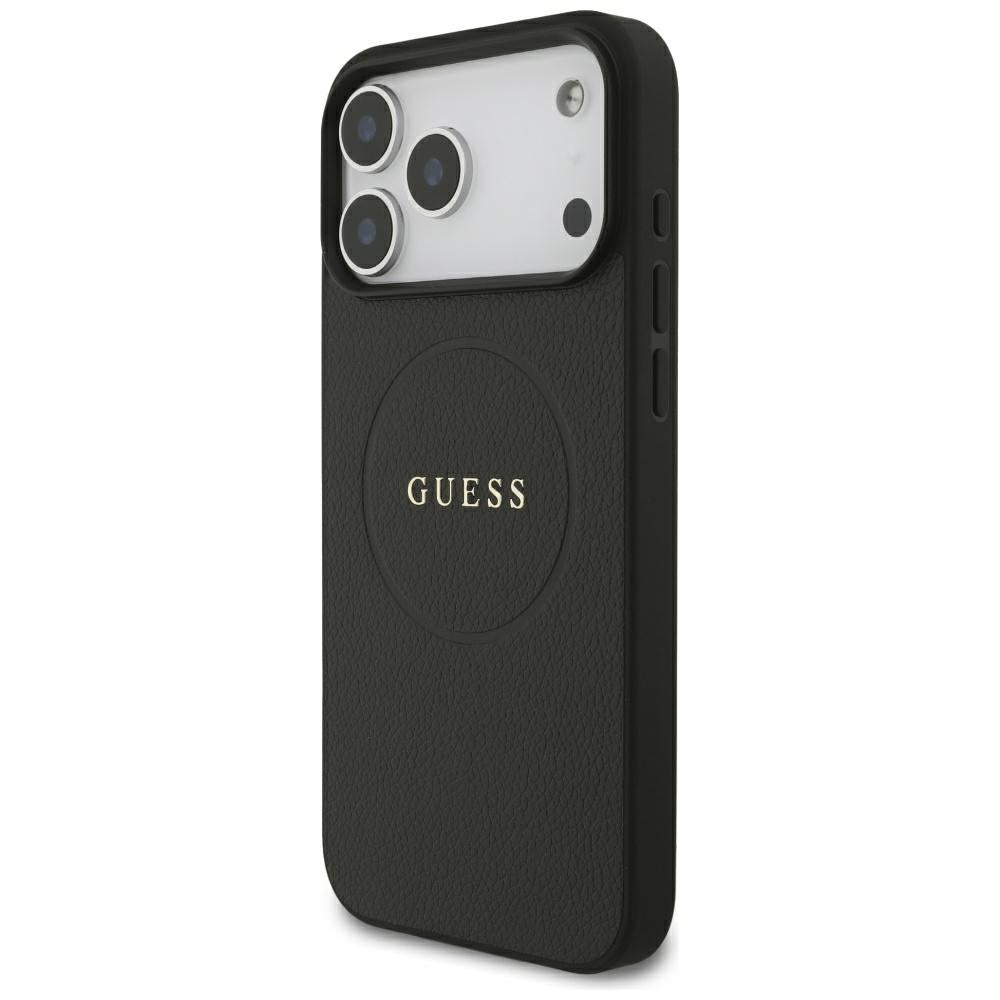 Guess Grained Gold Ring MagSafe dėklas iPhone 18 Pro Max / 17 Pro Max - juodas -- iPhone 18 Pro Max / iPhone 17 Pro Max