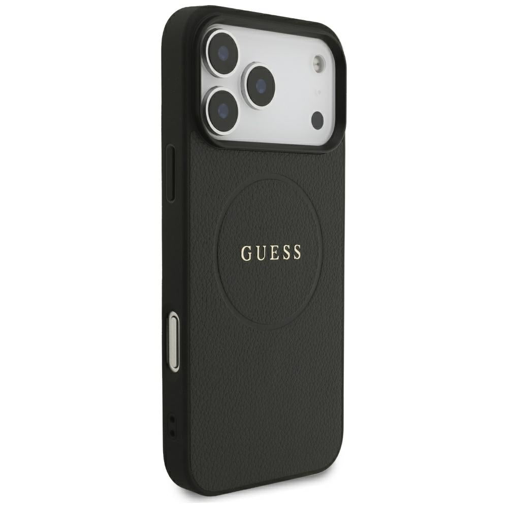 Guess Grained Gold Ring MagSafe dėklas iPhone 18 Pro Max / 17 Pro Max - juodas -- iPhone 18 Pro Max / iPhone 17 Pro Max
