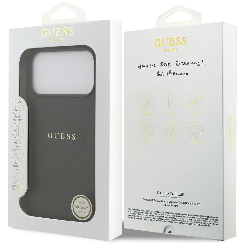 Guess Grained Gold Ring MagSafe dėklas iPhone 18 Pro Max / 17 Pro Max - juodas -- iPhone 18 Pro Max / iPhone 17 Pro Max