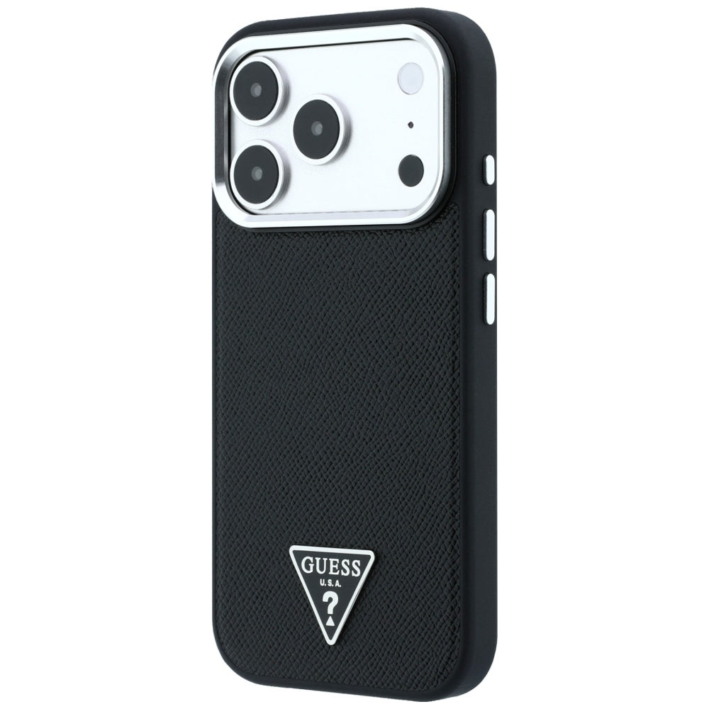 Guess Grained Triangle Logo MagSafe dėklas skirtas iPhone 17 Pro / 18 Pro - Juoda -- iPhone 17 Pro / iPhone 18 Pro