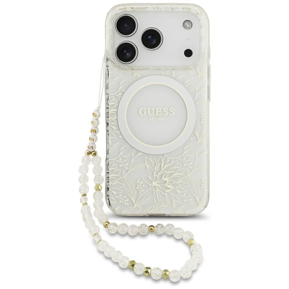 Guess IML Flowers Allover Electroplated with Pearl Strap MagSafe dėklas iPhone 18 Pro / 17 Pro - baltas -- iPhone 18 Pro...