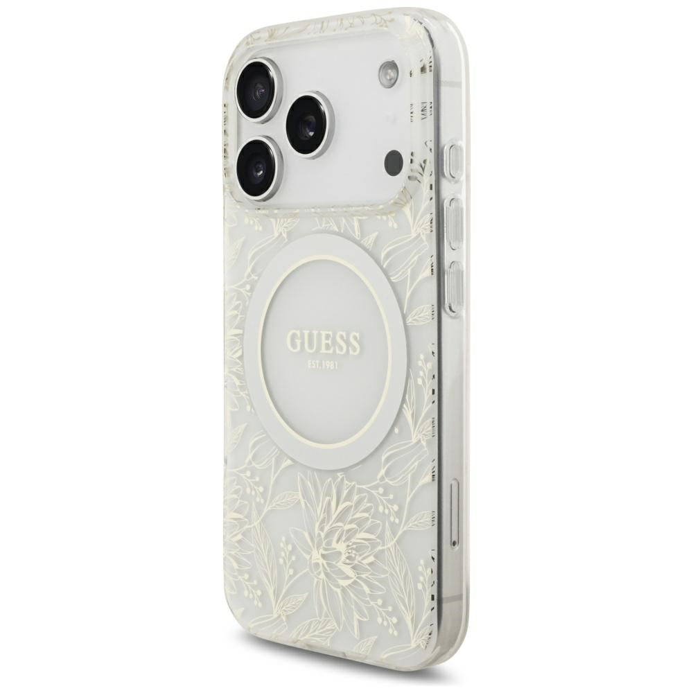 Guess IML Flowers Allover Electroplated with Pearl Strap MagSafe dėklas iPhone 18 Pro / 17 Pro - baltas -- iPhone 18 Pro...