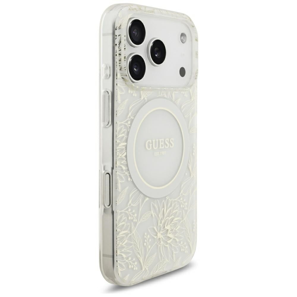 Guess IML Flowers Allover Electroplated with Pearl Strap MagSafe dėklas iPhone 18 Pro / 17 Pro - baltas -- iPhone 18 Pro...