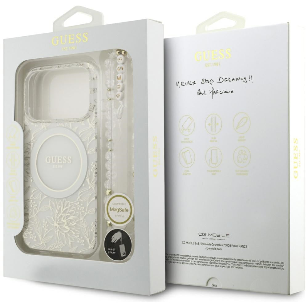Guess IML Flowers Allover Electroplated with Pearl Strap MagSafe dėklas iPhone 18 Pro / 17 Pro - baltas -- iPhone 18 Pro...
