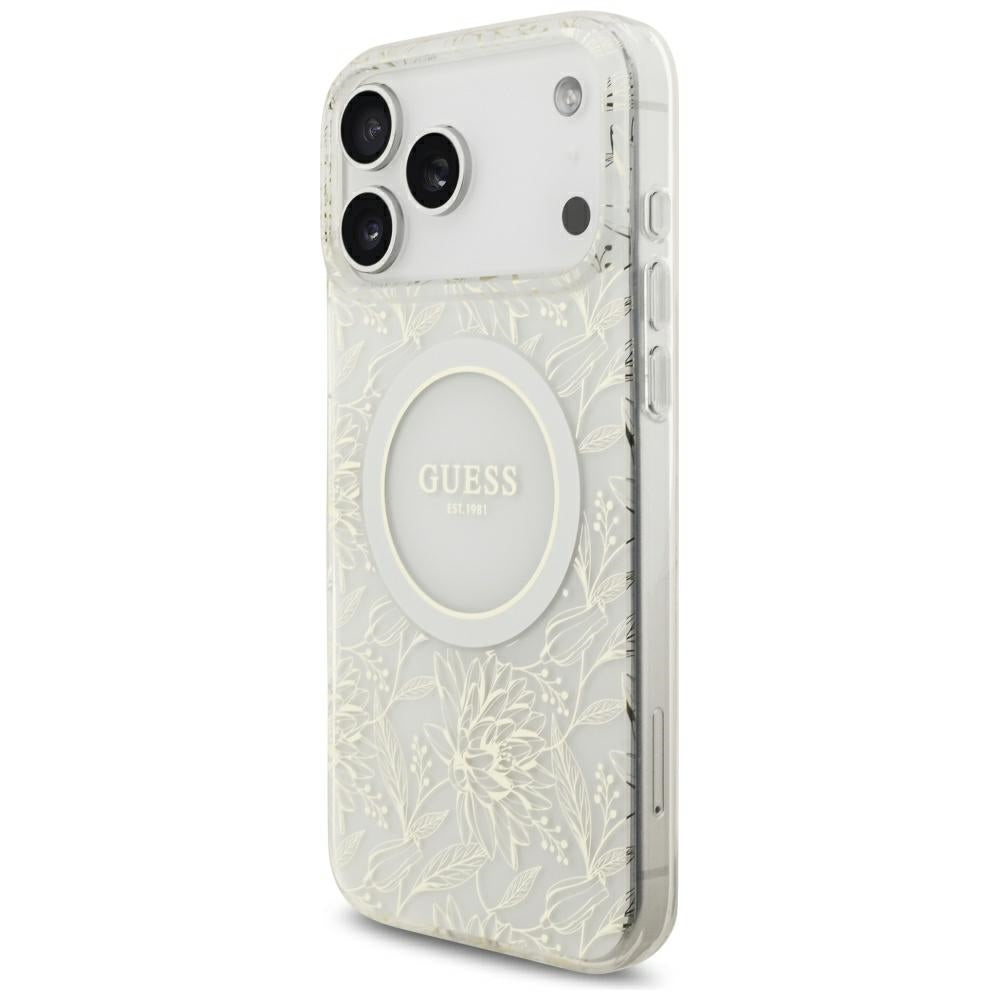 Guess IML Flowers Allover Electroplated with Pearl Strap MagSafe dėklas iPhone 18 Pro Max / 17 Pro Max - baltas -- iPhone...