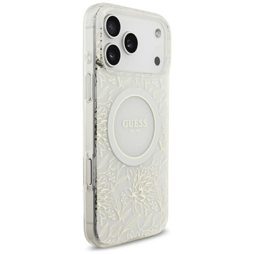 Guess IML Flowers Allover Electroplated with Pearl Strap MagSafe dėklas iPhone 18 Pro Max / 17 Pro Max - baltas -- iPhone...