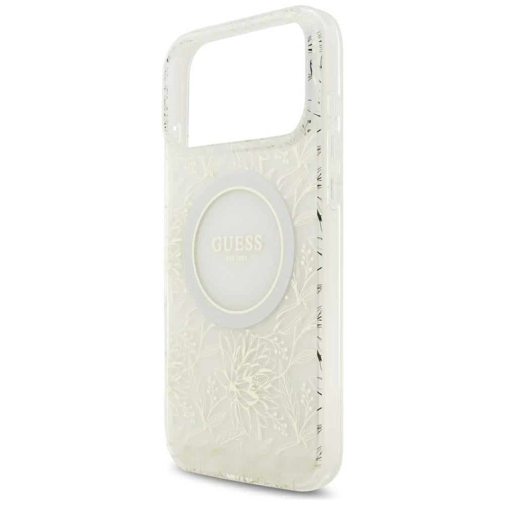 Guess IML Flowers Allover Electroplated with Pearl Strap MagSafe dėklas iPhone 18 Pro Max / 17 Pro Max - baltas -- iPhone...