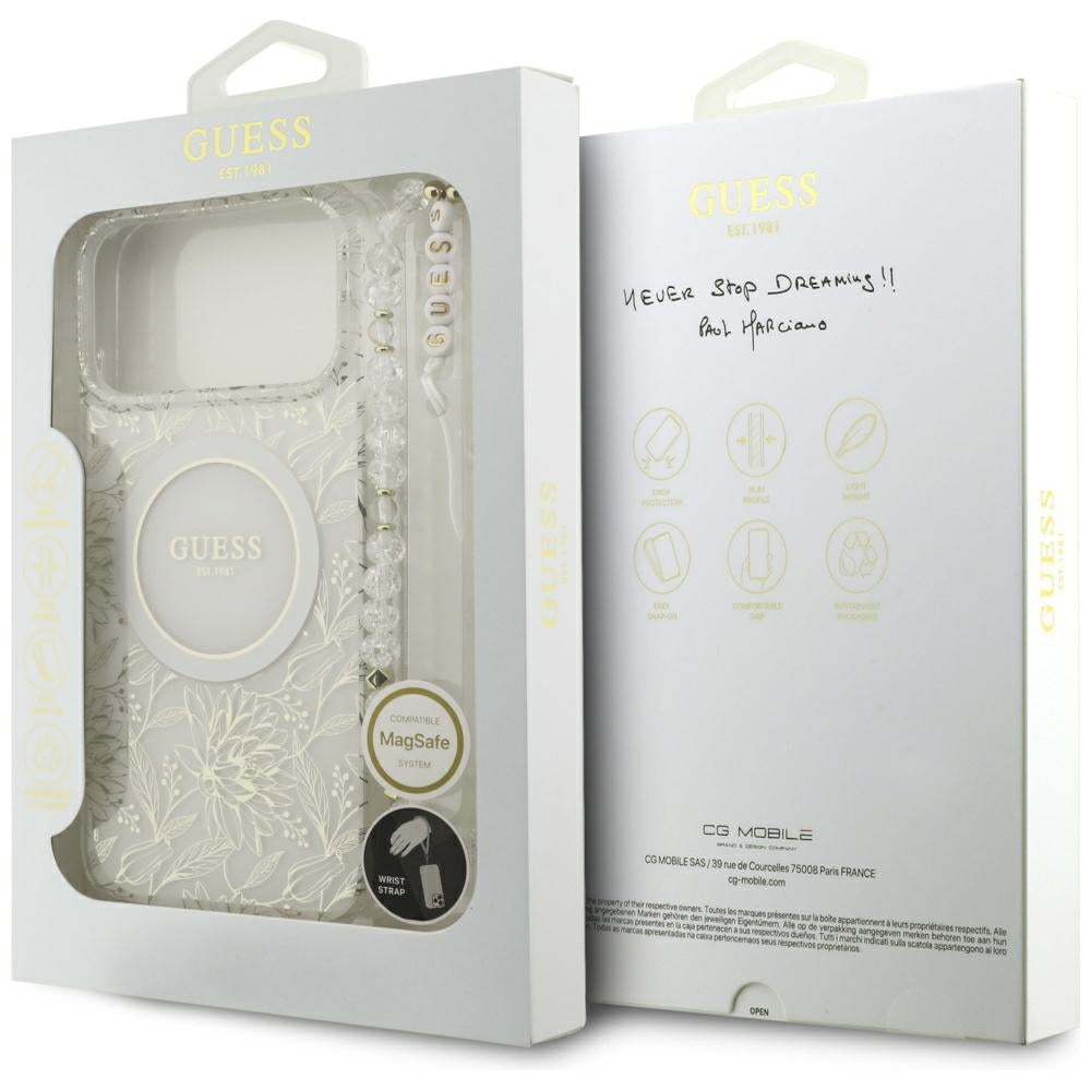 Guess IML Flowers Allover Electroplated with Pearl Strap MagSafe dėklas iPhone 18 Pro Max / 17 Pro Max - baltas -- iPhone...