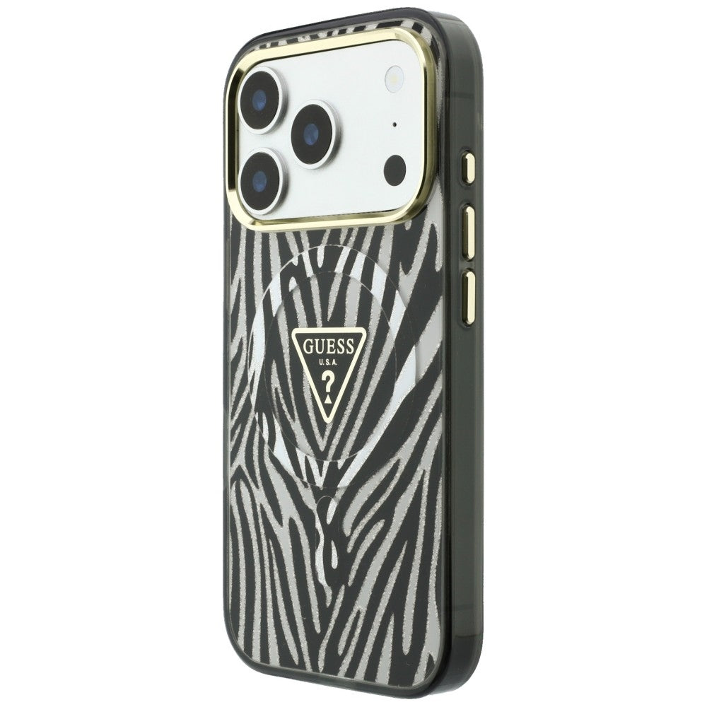 Guess IML Zebra Glitter Triangle Logo MagSafe dėklas iPhone 18 Pro / 17 Pro - sidabras -- iPhone 18 Pro / iPhone 17 Pro