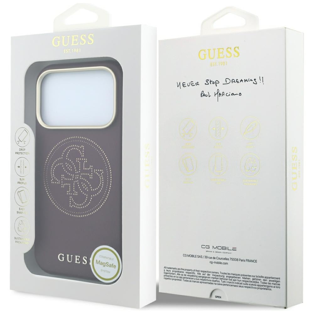 Guess Perforated 4G Aukso Logo Magsafe Dėklas iPhone 18 Pro / 17 Pro - Bordo -- iPhone 18 Pro / iPhone 17 Pro