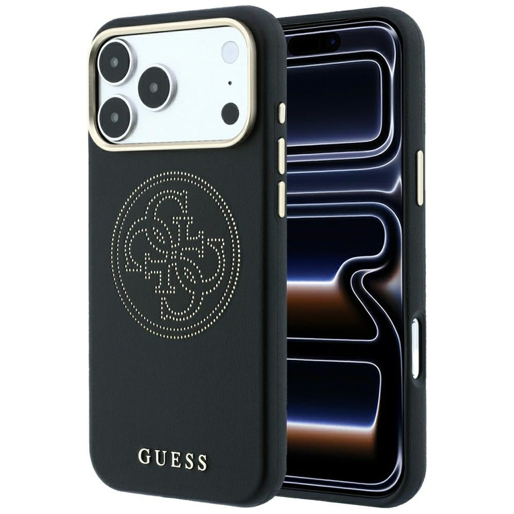 Guess Perforated 4G Gold Logo Magsafe dėklas iPhone 17 Pro / 18 Pro - Juodas -- iPhone 17 Pro / iPhone 18 Pro
