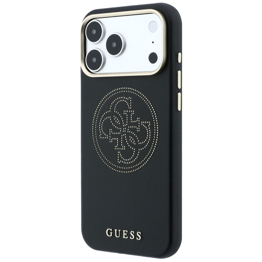 Guess Perforated 4G Gold Logo Magsafe dėklas iPhone 17 Pro / 18 Pro - Juodas -- iPhone 17 Pro / iPhone 18 Pro