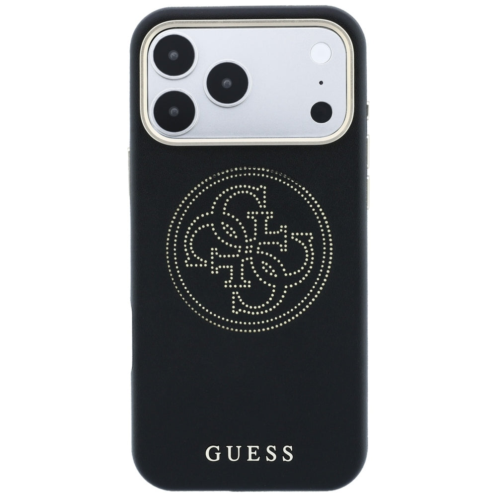 Guess Perforated 4G Gold Logo Magsafe dėklas iPhone 17 Pro / 18 Pro - Juodas -- iPhone 17 Pro / iPhone 18 Pro