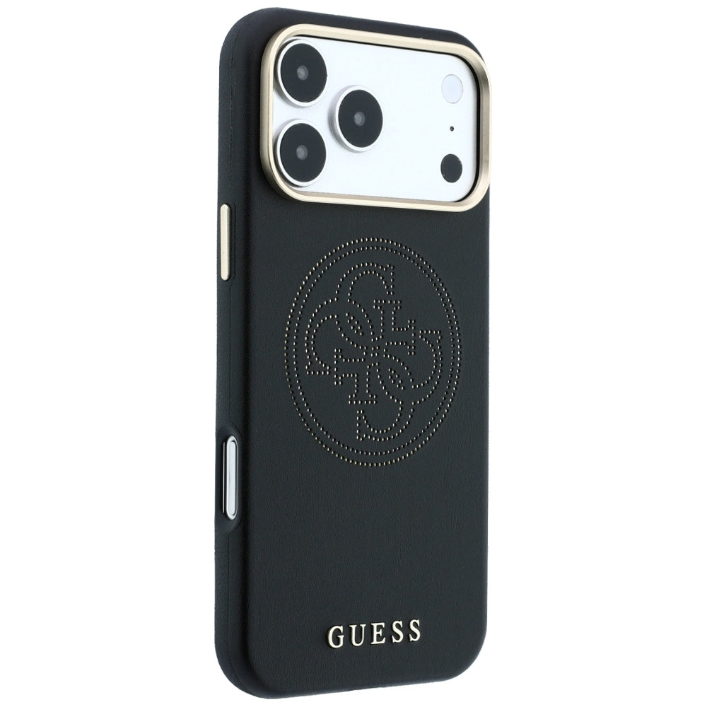 Guess Perforated 4G Gold Logo Magsafe dėklas iPhone 17 Pro / 18 Pro - Juodas -- iPhone 17 Pro / iPhone 18 Pro