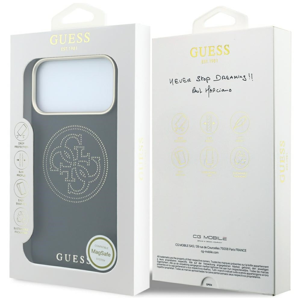 Guess Perforated 4G Gold Logo Magsafe dėklas iPhone 17 Pro / 18 Pro - Juodas -- iPhone 17 Pro / iPhone 18 Pro