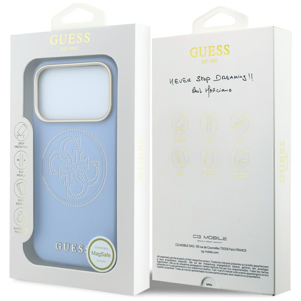 Guess Perforated 4G Aukso Logo Magsafe Dėklas iPhone 18 Pro / 17 Pro - Šviesiai mėlyna -- iPhone 18 Pro / iPhone 17 Pro